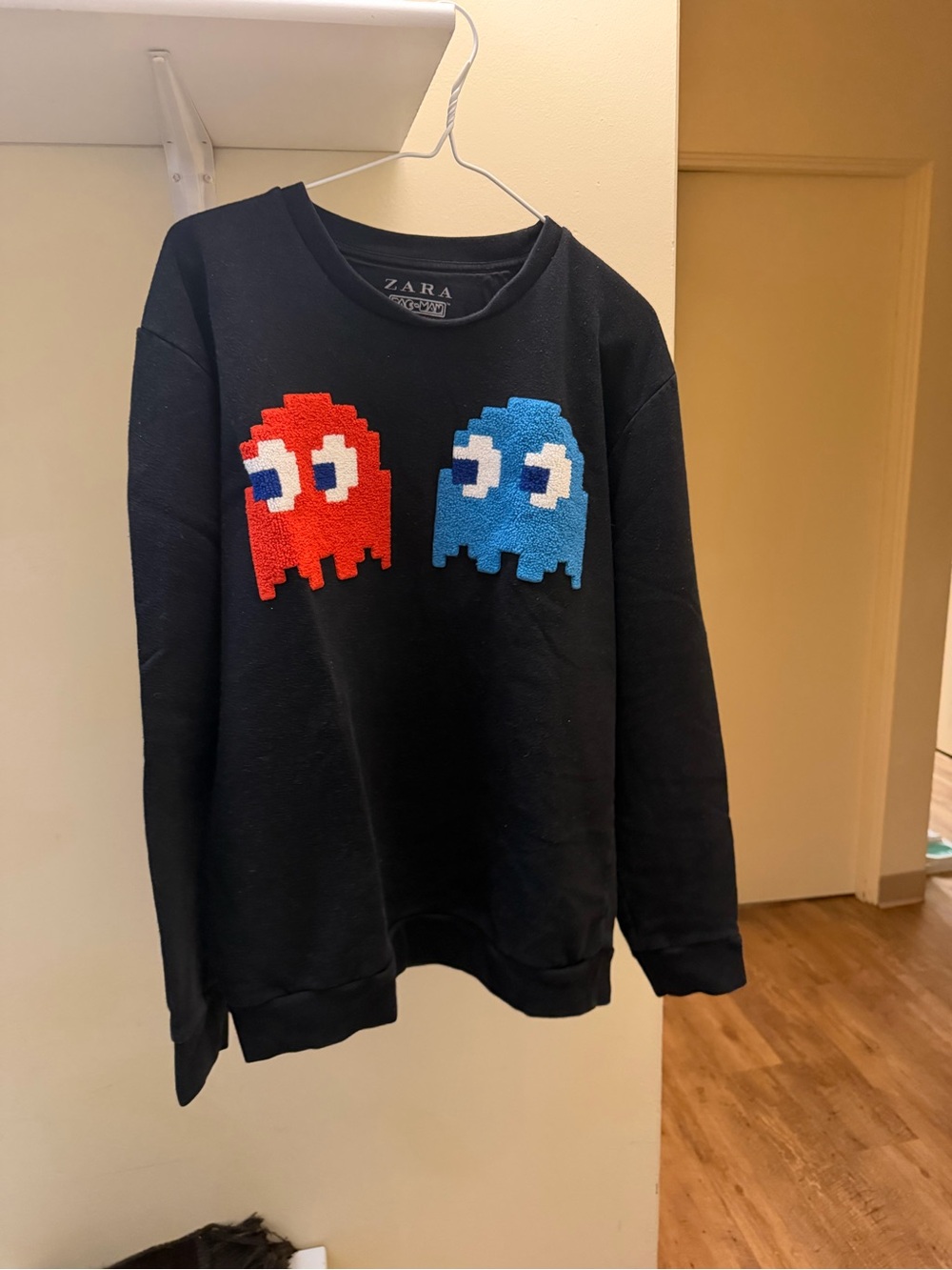 Zara Men’s Black Crewneck Sweater with Red & Blue Ghost Motifs